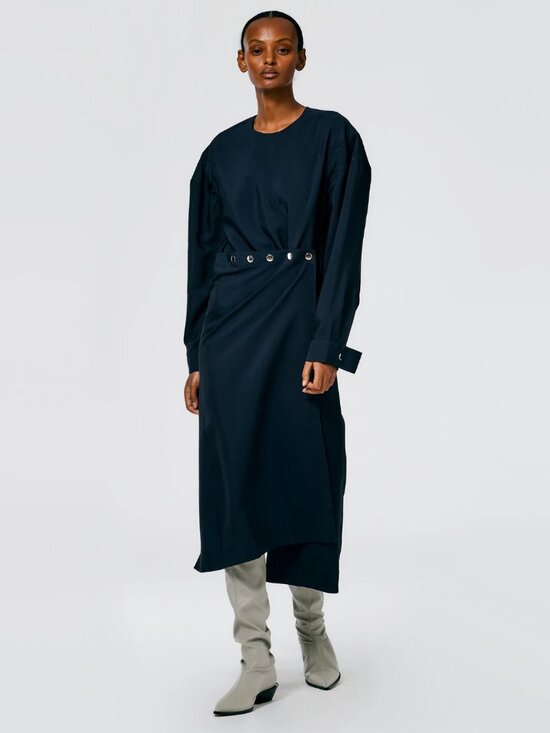 Tibi Dresses & Skirts - Tibi Viscose Plainweave Asymmetric Flap Snap Dress in Navy, size 12